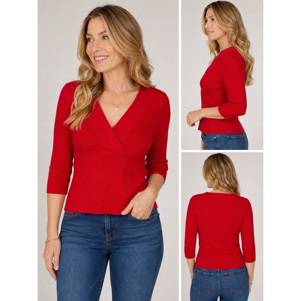 Vintage Y2K Pierre Cardin Women's Sized Med Red Ribbed Knit 3/4 Sleeve Sweater